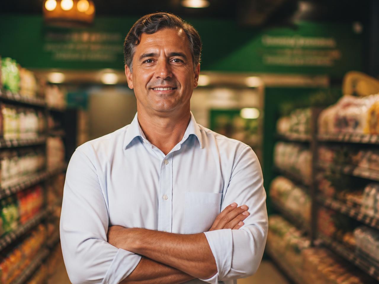 Empresário dono de rede de supermercados em pé no corredor da loja